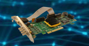 Gidel HawkEye-CXP12: Quad CXP12 links frame grabber displayed against a digital network connectivity background