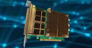 Gidel Proc1C10M: 12 x 10 GigE Vision frame grabber displayed against a digital network connectivity background